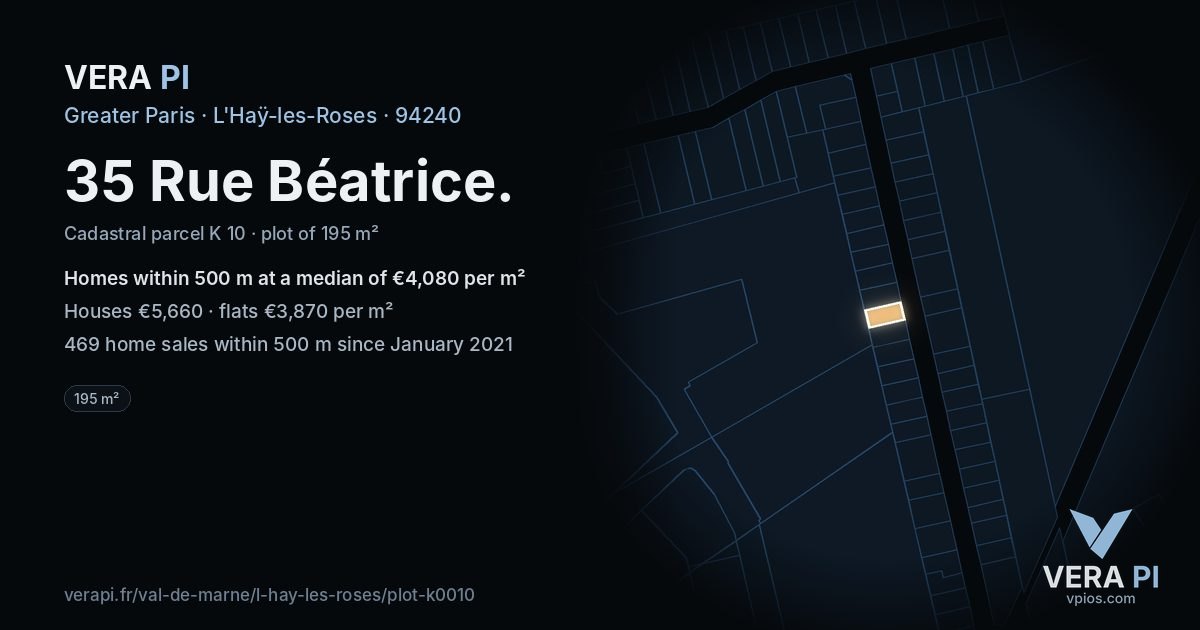 35 Rue Béatrice, L'Haÿ-les-Roses at night – the plot lit, the parcels around coloured by the prices near them