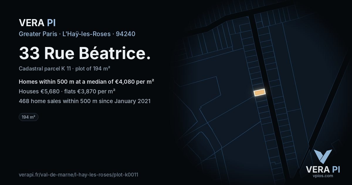 33 Rue Béatrice, L'Haÿ-les-Roses at night – the plot lit, the parcels around coloured by the prices near them