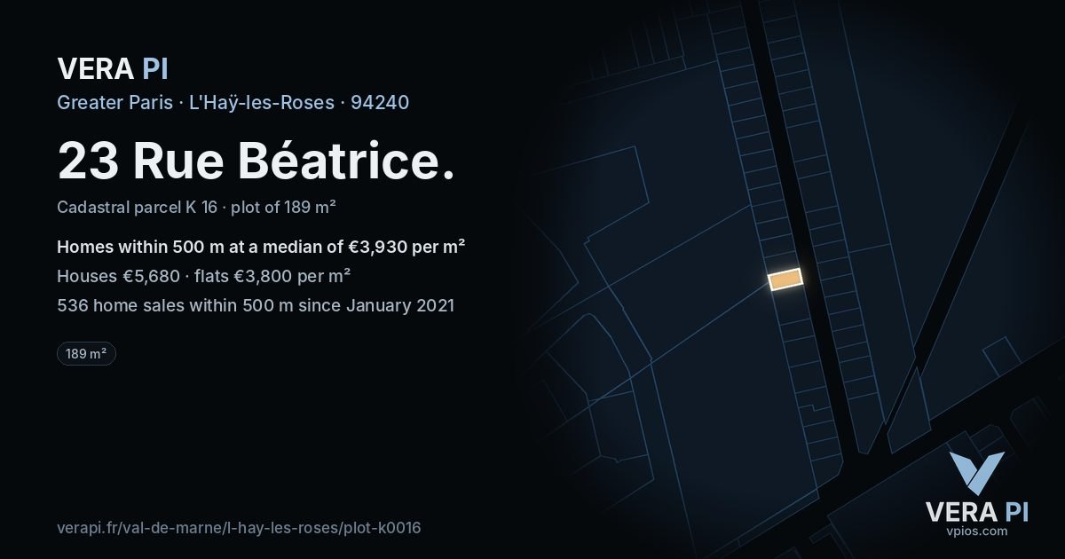 23 Rue Béatrice, L'Haÿ-les-Roses at night – the plot lit, the parcels around coloured by the prices near them
