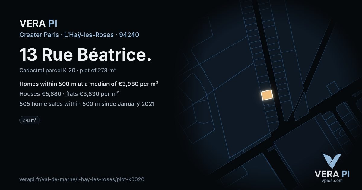 13 Rue Béatrice, L'Haÿ-les-Roses at night – the plot lit, the parcels around coloured by the prices near them