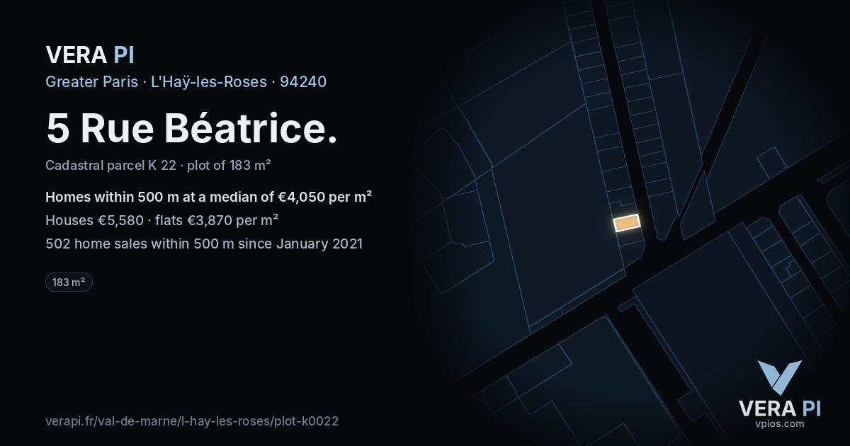 5 Rue Béatrice, L'Haÿ-les-Roses at night – the plot lit, the parcels around coloured by the prices near them