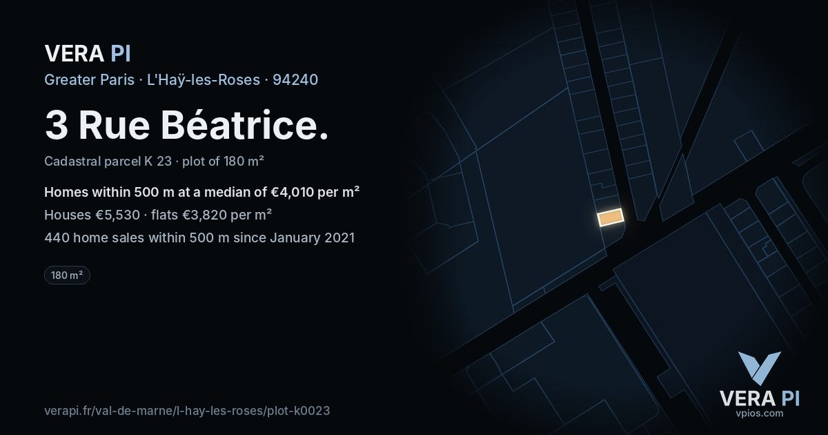 3 Rue Béatrice, L'Haÿ-les-Roses at night – the plot lit, the parcels around coloured by the prices near them