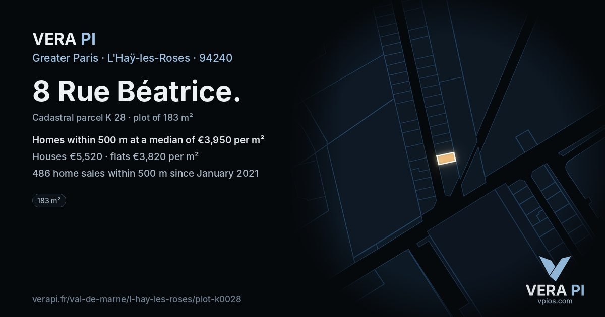 8 Rue Béatrice, L'Haÿ-les-Roses at night – the plot lit, the parcels around coloured by the prices near them