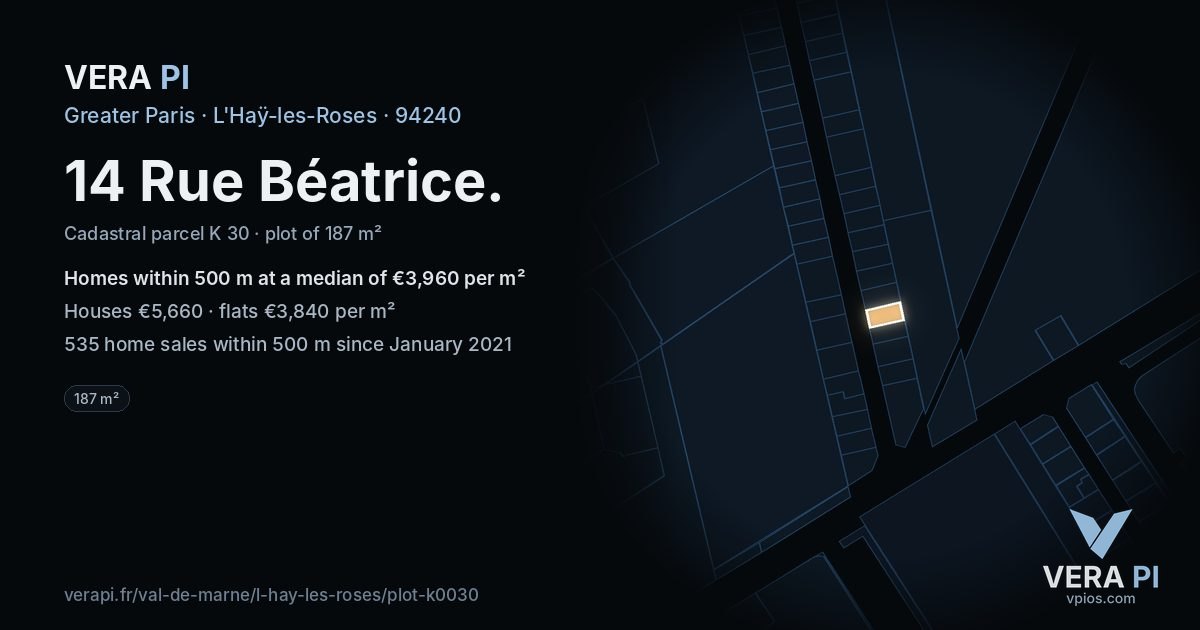14 Rue Béatrice, L'Haÿ-les-Roses at night – the plot lit, the parcels around coloured by the prices near them