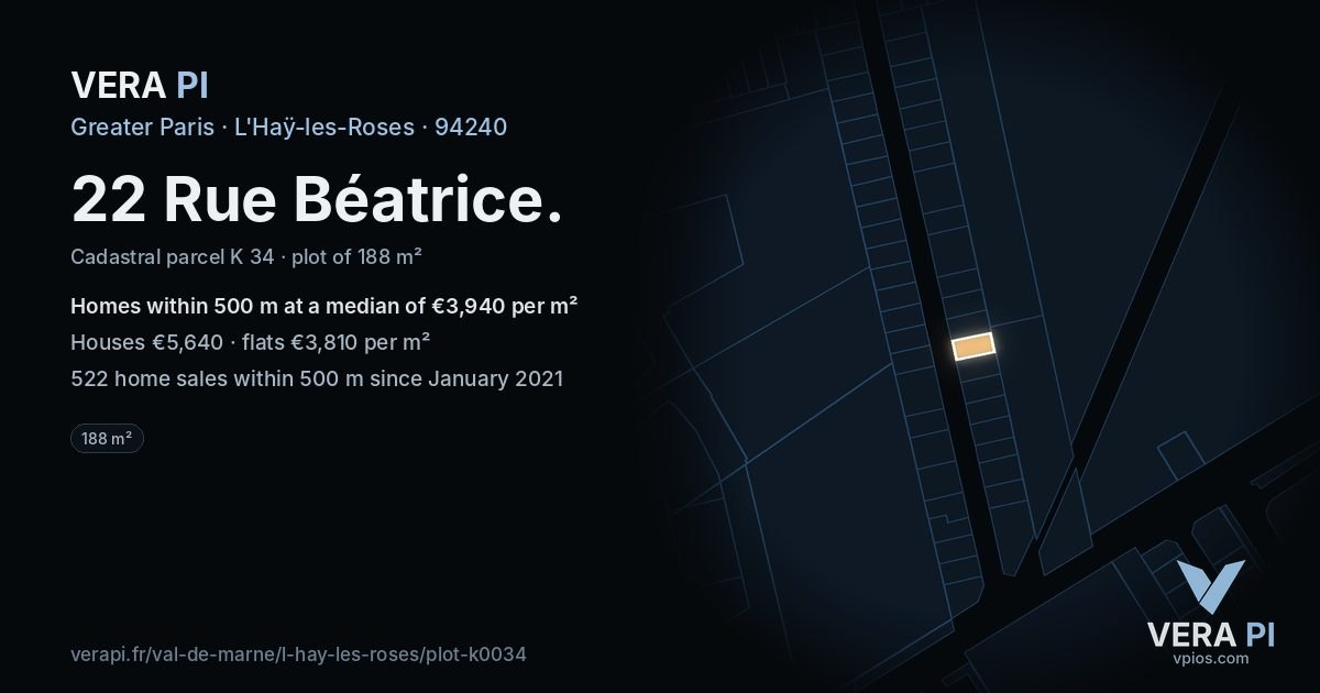 22 Rue Béatrice, L'Haÿ-les-Roses at night – the plot lit, the parcels around coloured by the prices near them