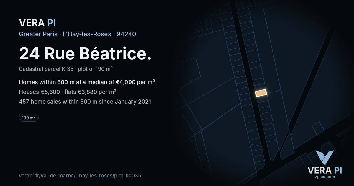 24 Rue Béatrice, L'Haÿ-les-Roses at night – the plot lit, the parcels around coloured by the prices near them