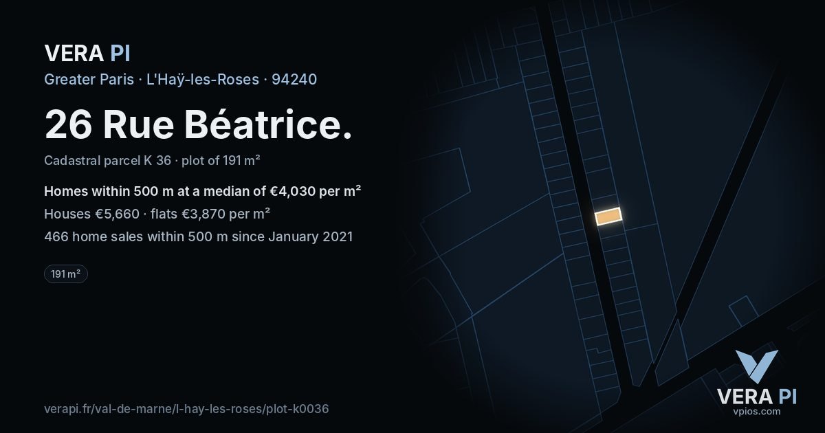 26 Rue Béatrice, L'Haÿ-les-Roses at night – the plot lit, the parcels around coloured by the prices near them