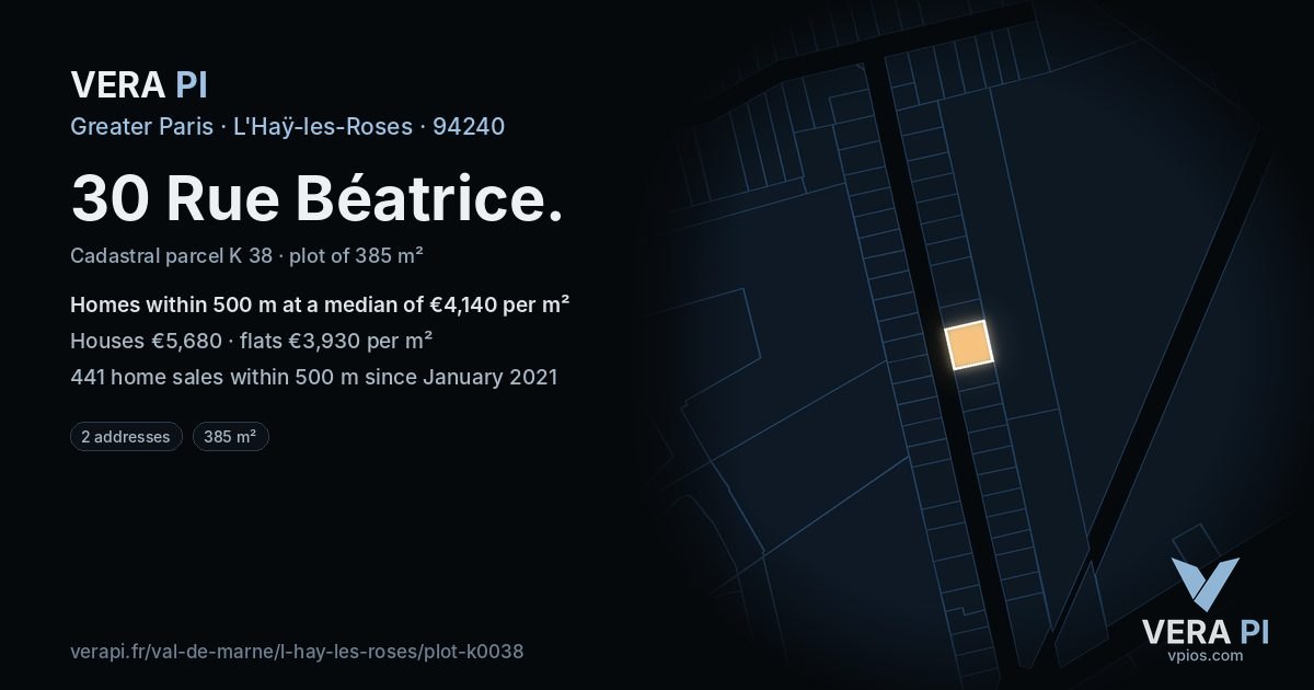 30 Rue Béatrice, L'Haÿ-les-Roses at night – the plot lit, the parcels around coloured by the prices near them