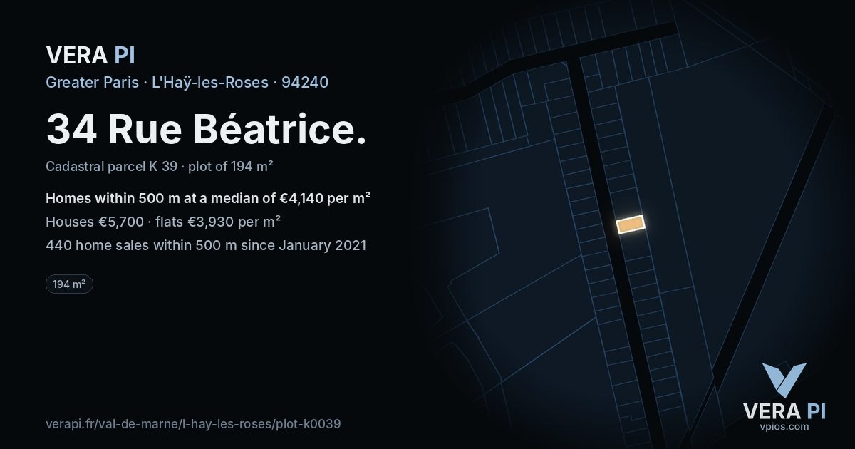 34 Rue Béatrice, L'Haÿ-les-Roses at night – the plot lit, the parcels around coloured by the prices near them