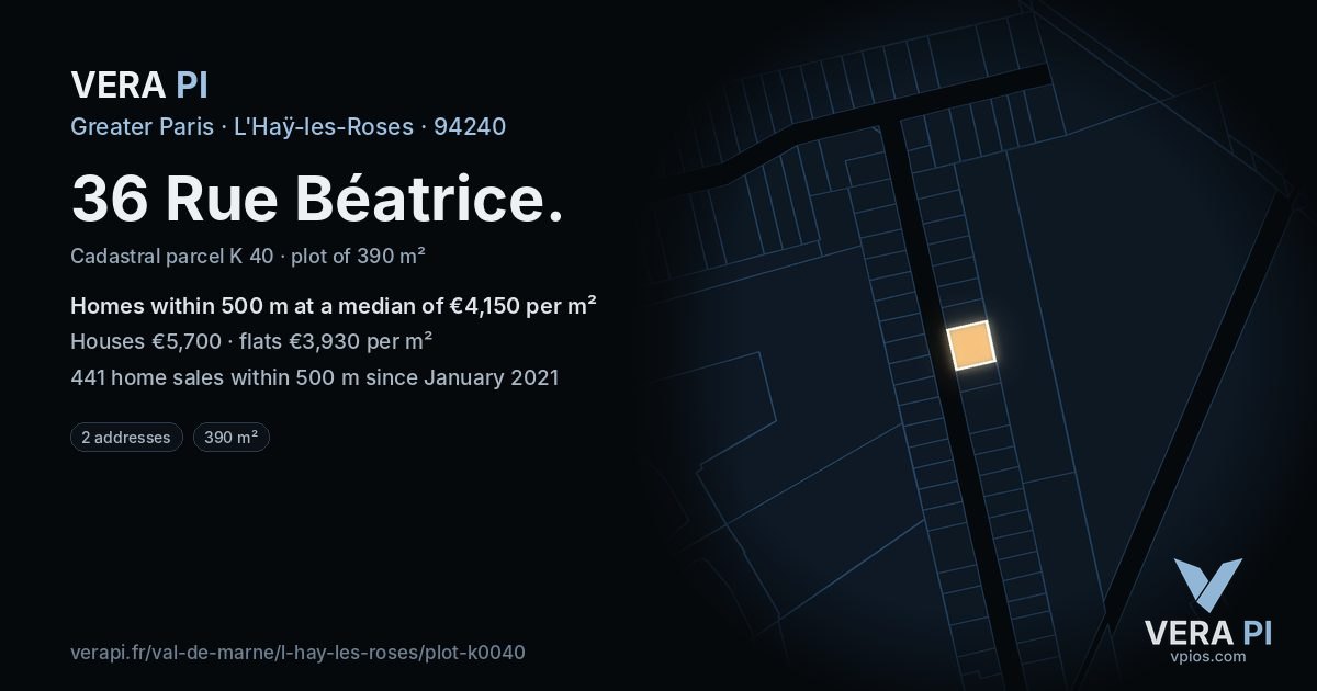 36 Rue Béatrice, L'Haÿ-les-Roses at night – the plot lit, the parcels around coloured by the prices near them