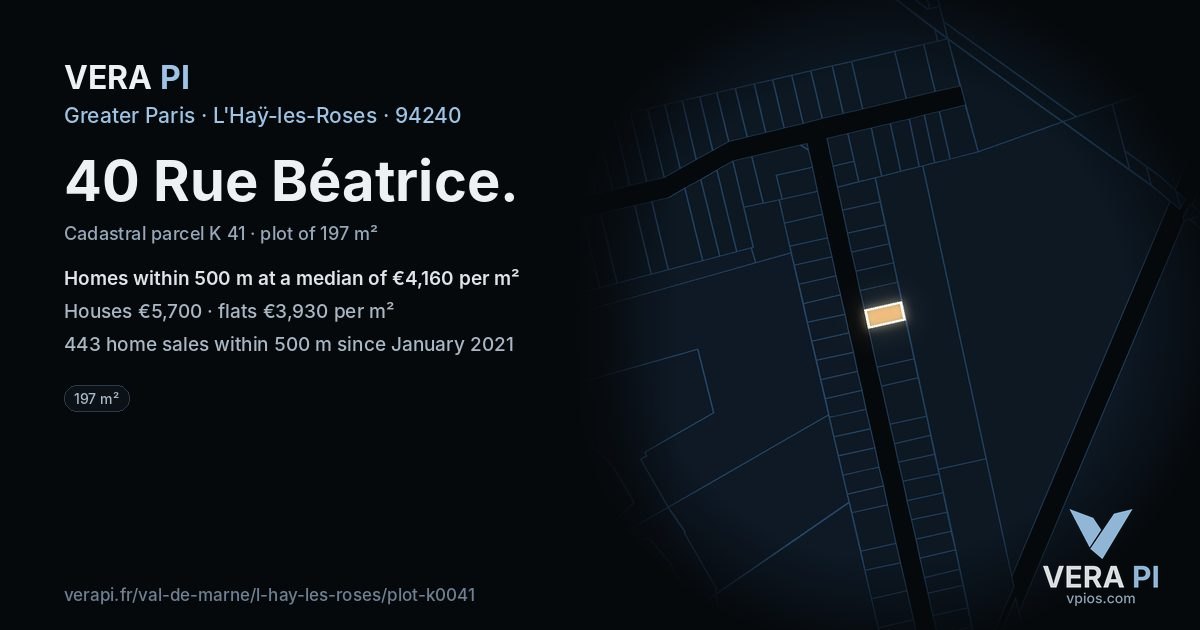 40 Rue Béatrice, L'Haÿ-les-Roses at night – the plot lit, the parcels around coloured by the prices near them