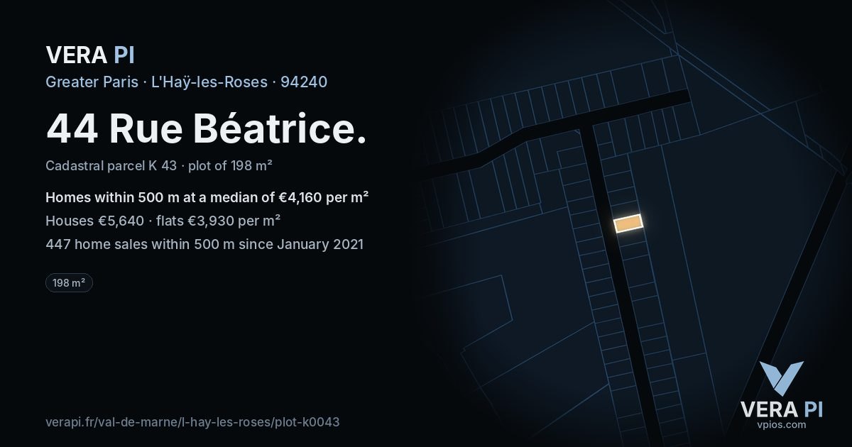 44 Rue Béatrice, L'Haÿ-les-Roses at night – the plot lit, the parcels around coloured by the prices near them