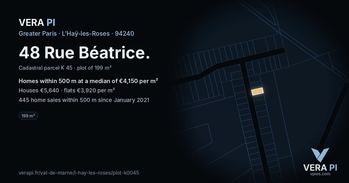 48 Rue Béatrice, L'Haÿ-les-Roses at night – the plot lit, the parcels around coloured by the prices near them