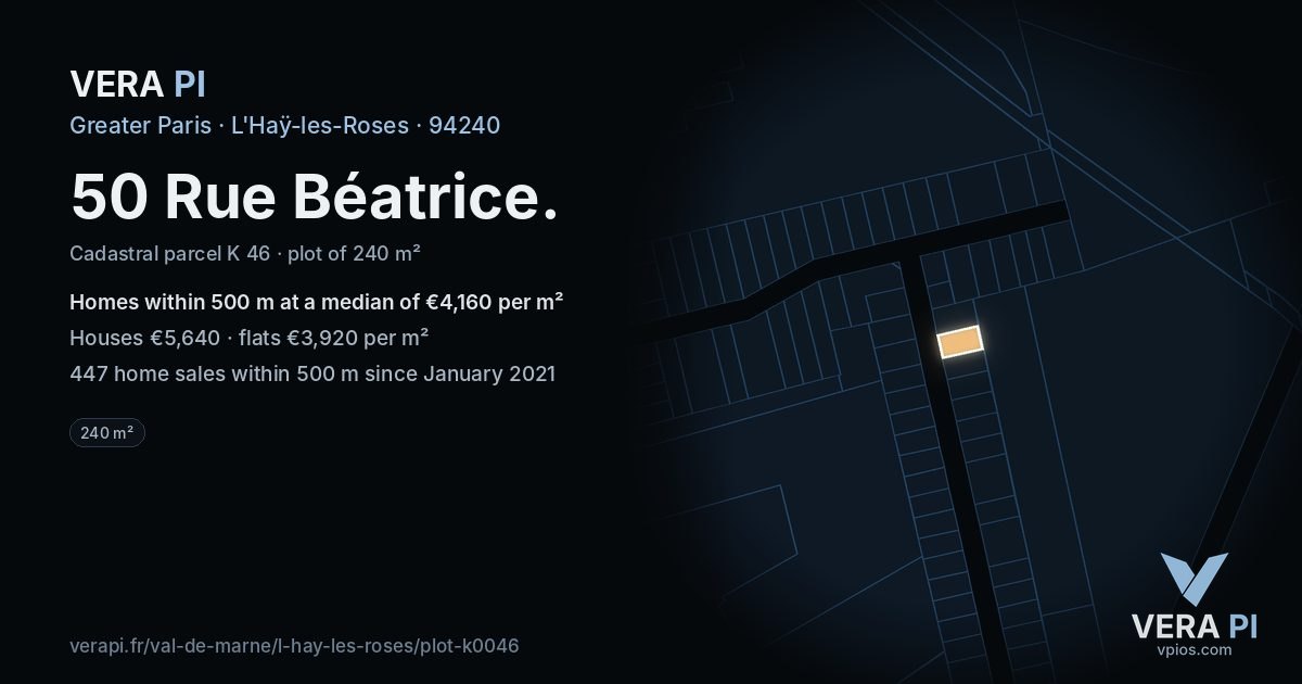 50 Rue Béatrice, L'Haÿ-les-Roses at night – the plot lit, the parcels around coloured by the prices near them