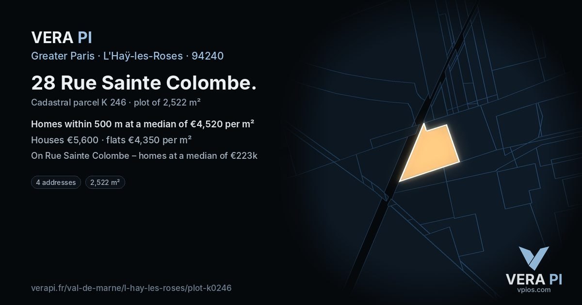 28 Rue Sainte Colombe, L'Haÿ-les-Roses at night – the plot lit, the parcels around coloured by the prices near them