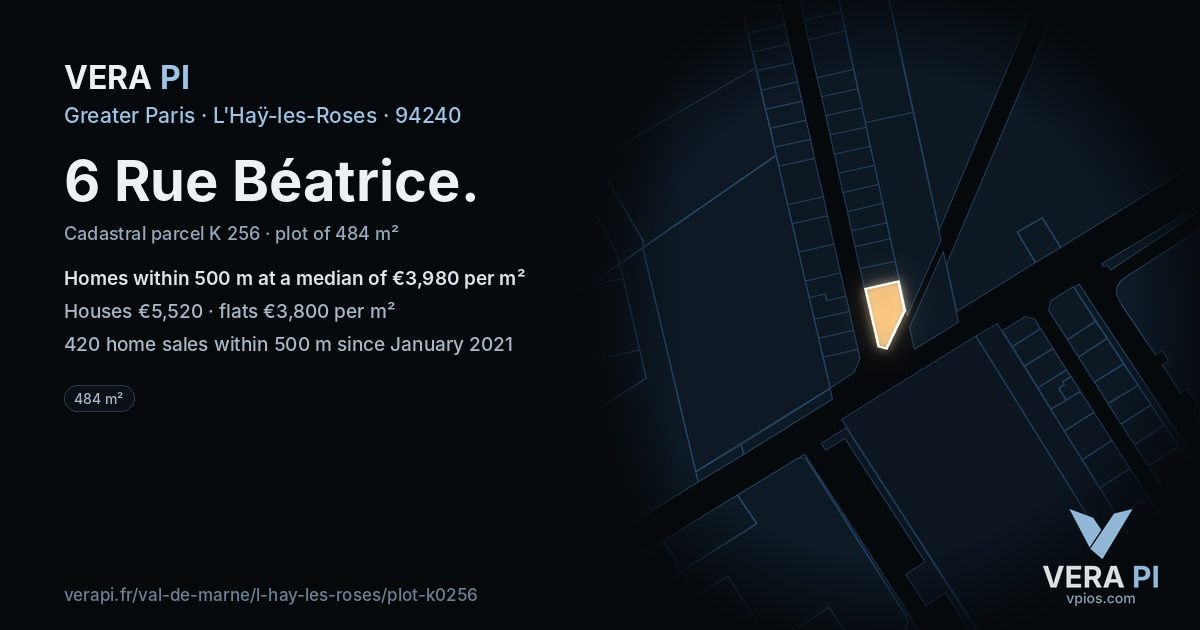 6 Rue Béatrice, L'Haÿ-les-Roses at night – the plot lit, the parcels around coloured by the prices near them