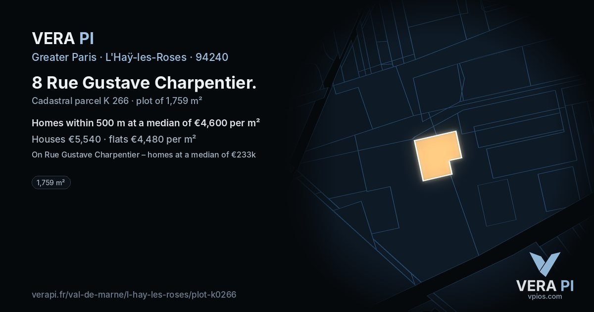 8 Rue Gustave Charpentier, L'Haÿ-les-Roses at night – the plot lit, the parcels around coloured by the prices near them