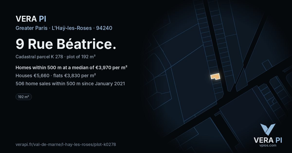9 Rue Béatrice, L'Haÿ-les-Roses at night – the plot lit, the parcels around coloured by the prices near them