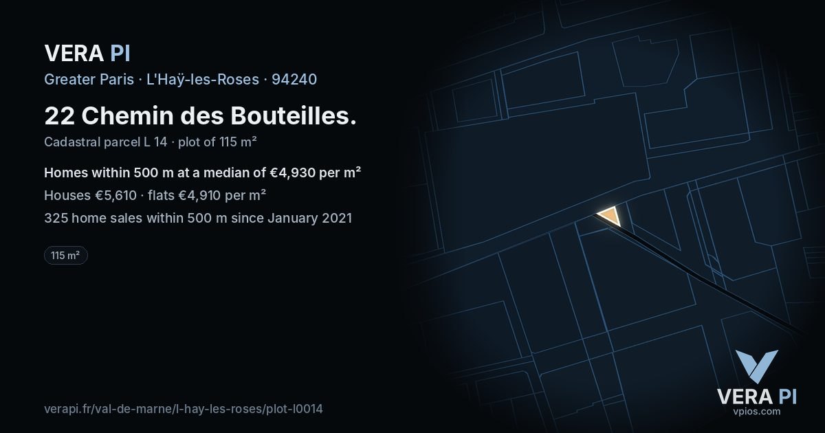 22 Chemin des Bouteilles, L'Haÿ-les-Roses at night – the plot lit, the parcels around coloured by the prices near them