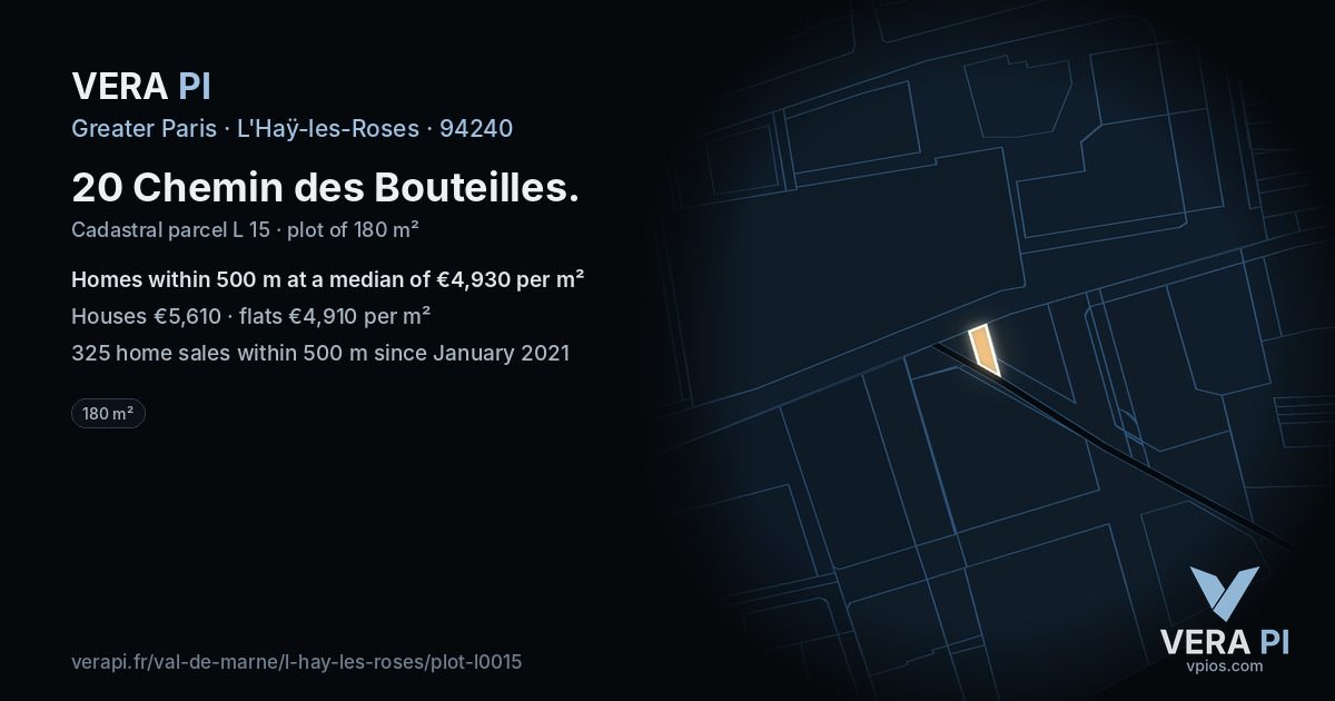20 Chemin des Bouteilles, L'Haÿ-les-Roses at night – the plot lit, the parcels around coloured by the prices near them
