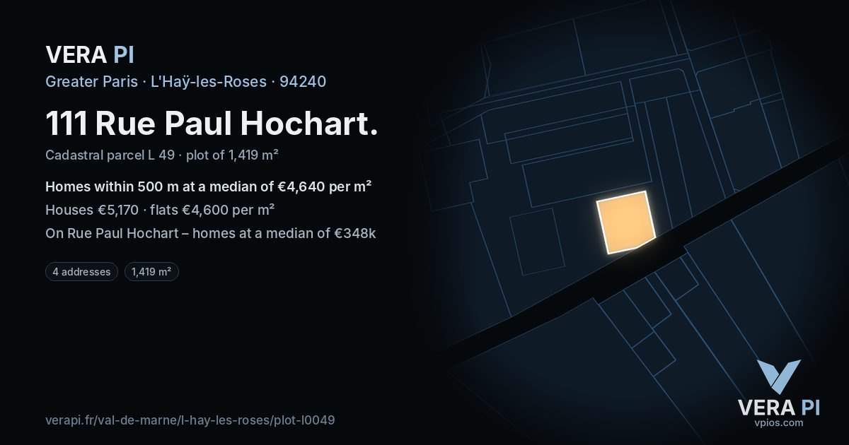 111 Rue Paul Hochart, L'Haÿ-les-Roses at night – the plot lit, the parcels around coloured by the prices near them