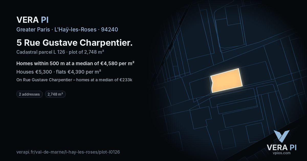5 Rue Gustave Charpentier, L'Haÿ-les-Roses at night – the plot lit, the parcels around coloured by the prices near them