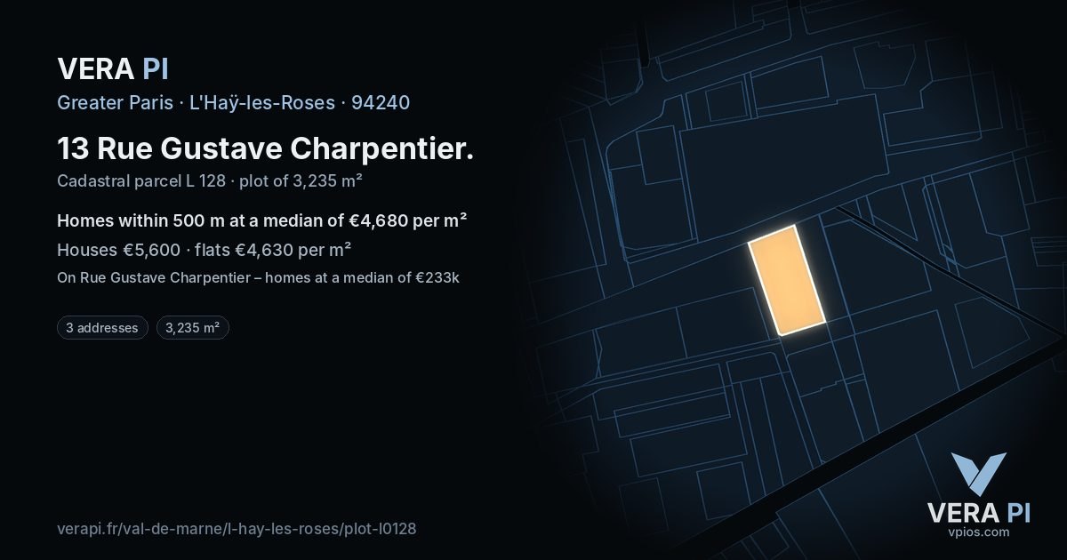 13 Rue Gustave Charpentier, L'Haÿ-les-Roses at night – the plot lit, the parcels around coloured by the prices near them