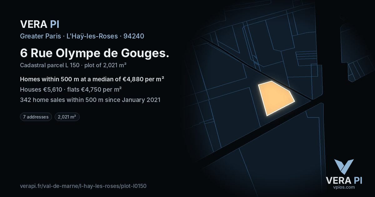 6 Rue Olympe de Gouges, L'Haÿ-les-Roses at night – the plot lit, the parcels around coloured by the prices near them