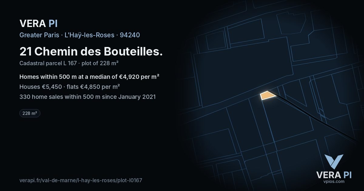 21 Chemin des Bouteilles, L'Haÿ-les-Roses at night – the plot lit, the parcels around coloured by the prices near them
