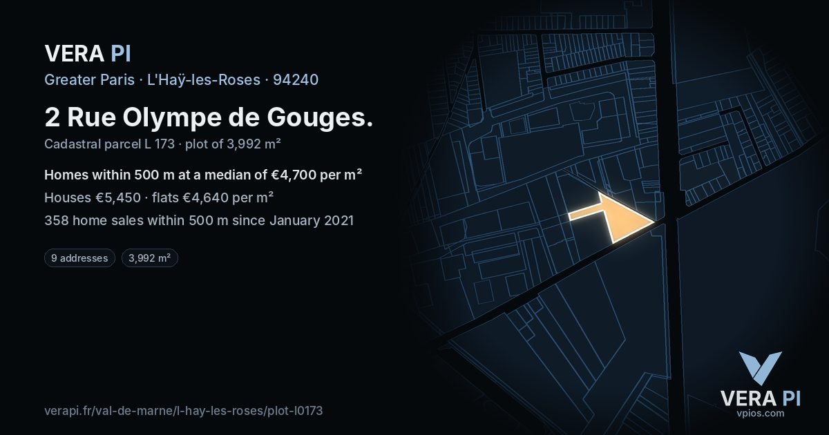 2 Rue Olympe de Gouges, L'Haÿ-les-Roses at night – the plot lit, the parcels around coloured by the prices near them