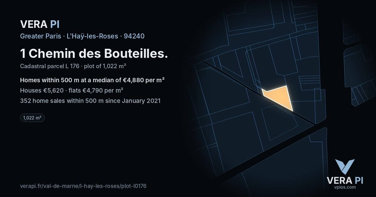 1 Chemin des Bouteilles, L'Haÿ-les-Roses at night – the plot lit, the parcels around coloured by the prices near them