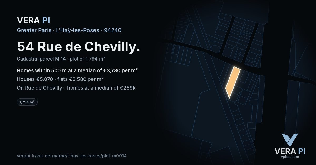 54 Rue de Chevilly, L'Haÿ-les-Roses at night – the plot lit, the parcels around coloured by the prices near them