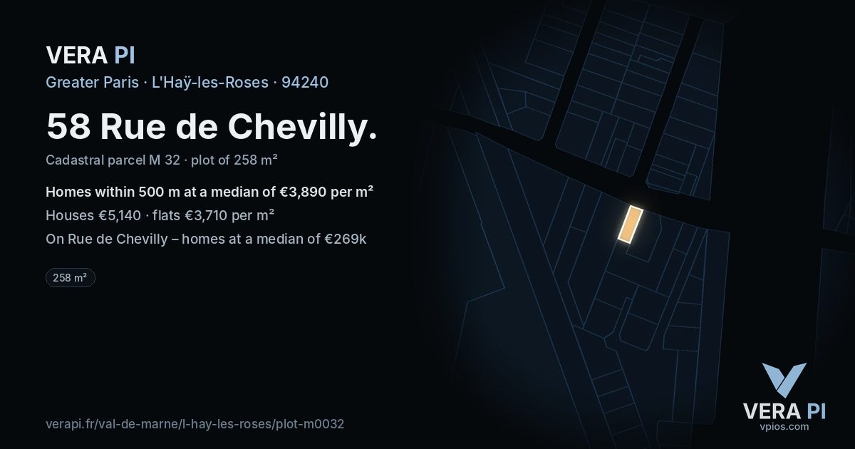 58 Rue de Chevilly, L'Haÿ-les-Roses at night – the plot lit, the parcels around coloured by the prices near them