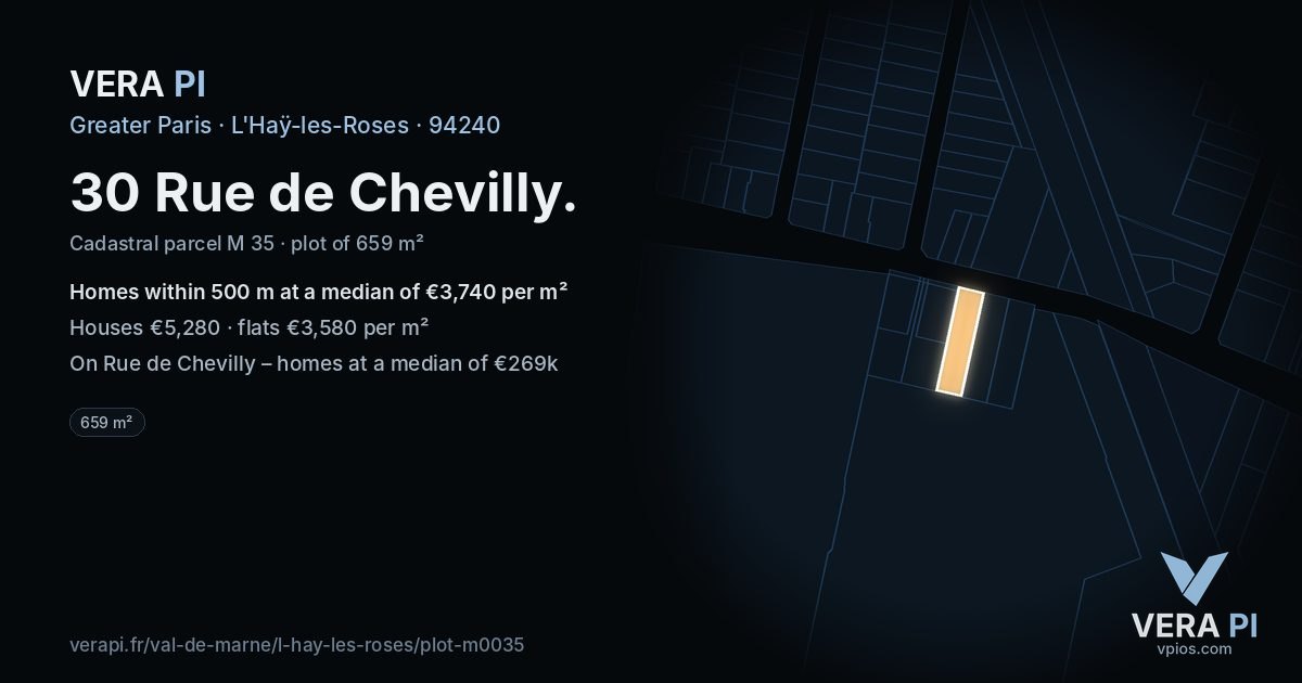 30 Rue de Chevilly, L'Haÿ-les-Roses at night – the plot lit, the parcels around coloured by the prices near them