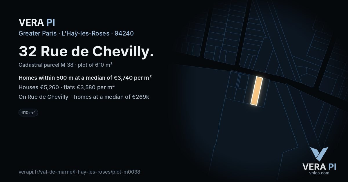 32 Rue de Chevilly, L'Haÿ-les-Roses at night – the plot lit, the parcels around coloured by the prices near them
