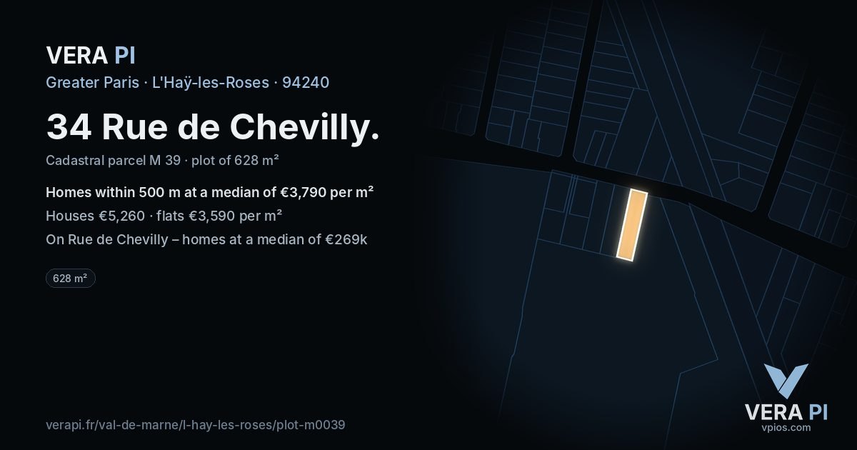 34 Rue de Chevilly, L'Haÿ-les-Roses at night – the plot lit, the parcels around coloured by the prices near them