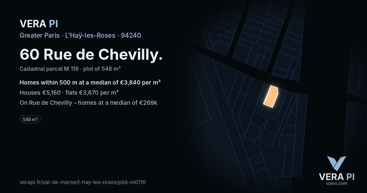 60 Rue de Chevilly, L'Haÿ-les-Roses at night – the plot lit, the parcels around coloured by the prices near them