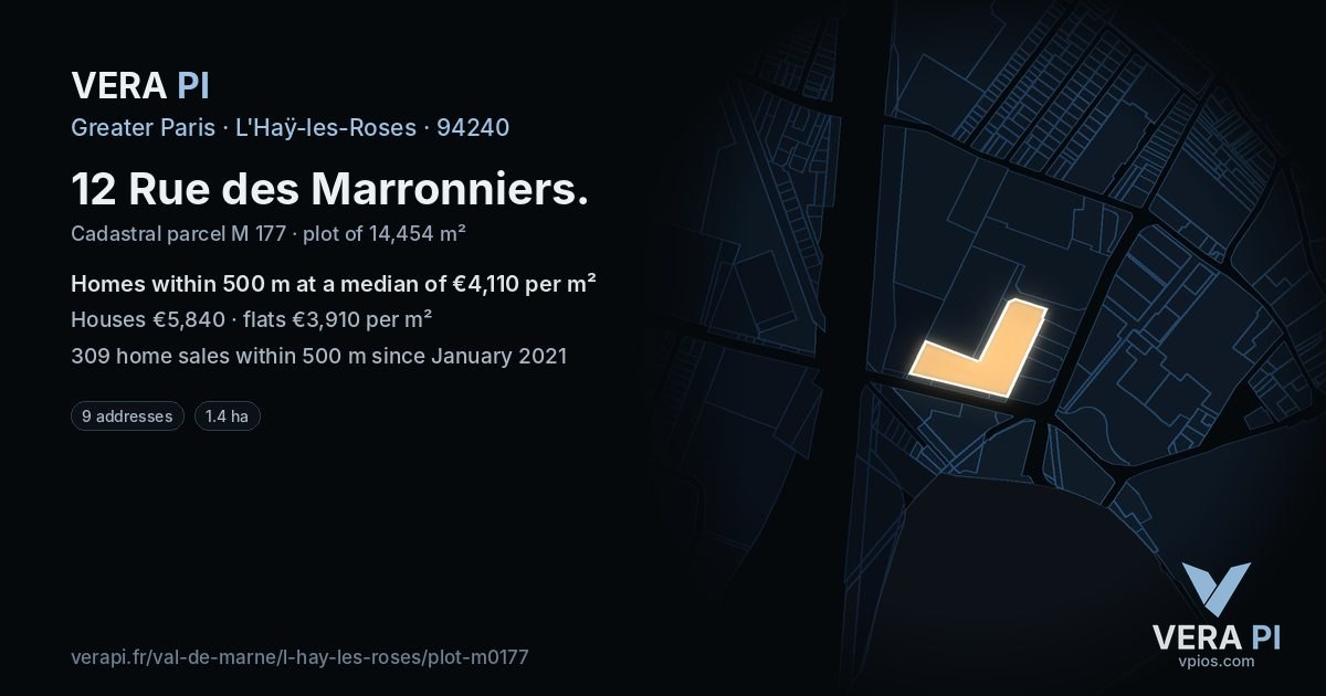 12 Rue des Marronniers, L'Haÿ-les-Roses at night – the plot lit, the parcels around coloured by the prices near them