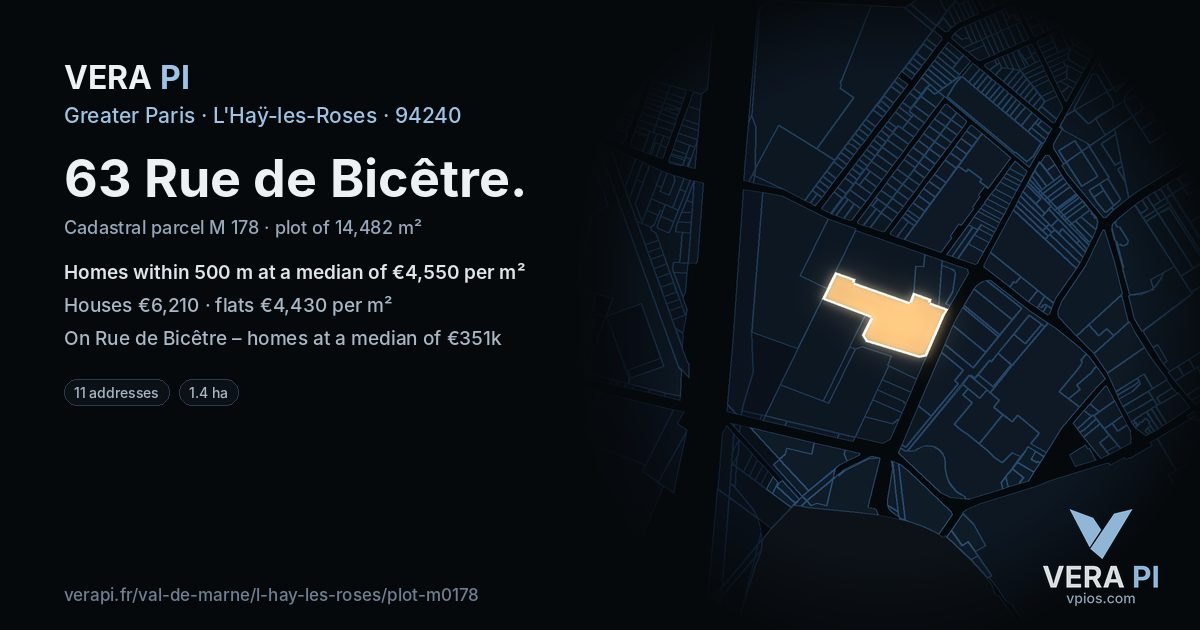 63 Rue de Bicêtre, L'Haÿ-les-Roses at night – the plot lit, the parcels around coloured by the prices near them