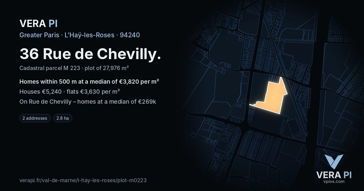 36 Rue de Chevilly, L'Haÿ-les-Roses at night – the plot lit, the parcels around coloured by the prices near them