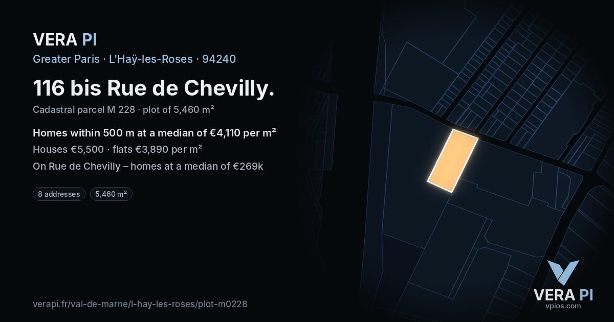 116 bis Rue de Chevilly, L'Haÿ-les-Roses at night – the plot lit, the parcels around coloured by the prices near them