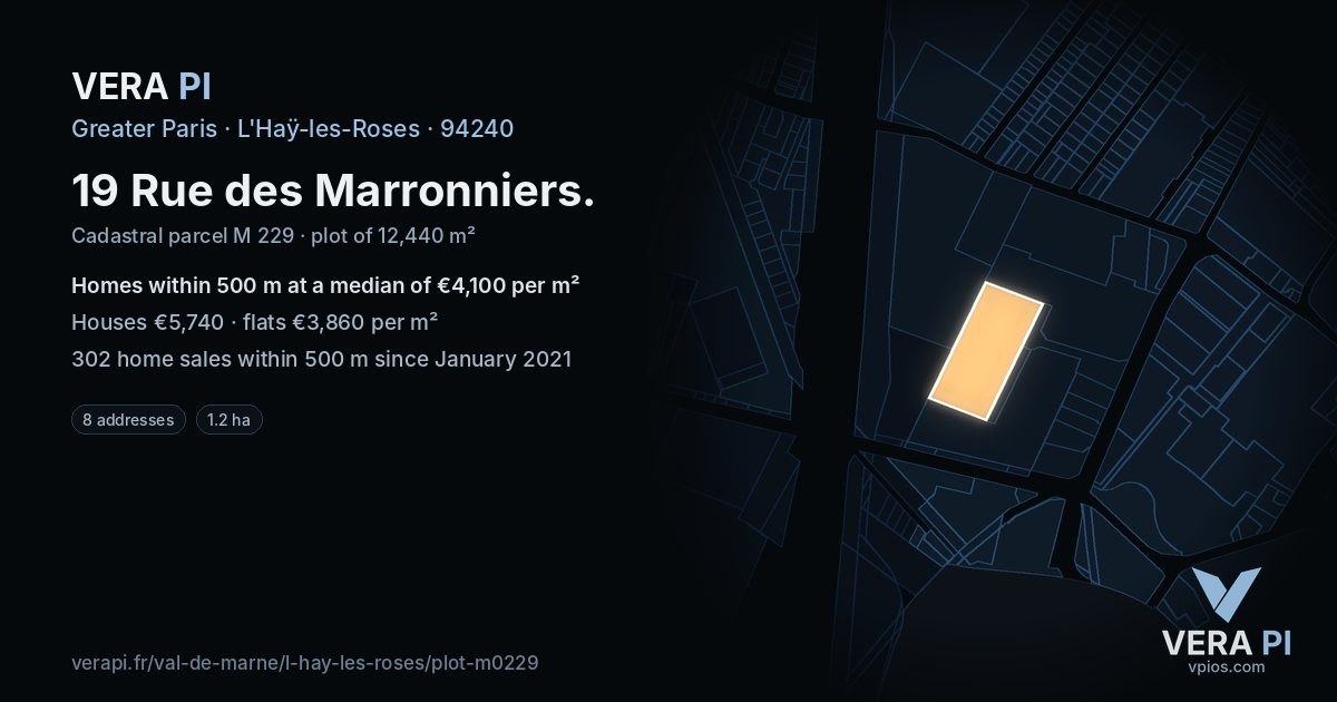 19 Rue des Marronniers, L'Haÿ-les-Roses at night – the plot lit, the parcels around coloured by the prices near them