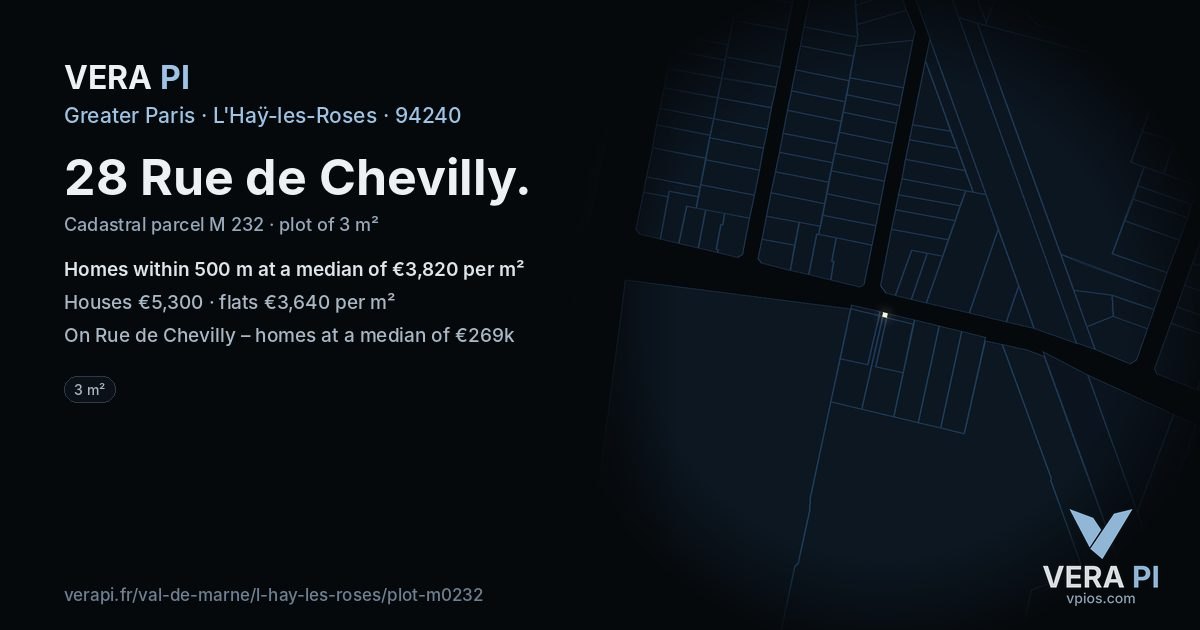 28 Rue de Chevilly, L'Haÿ-les-Roses at night – the plot lit, the parcels around coloured by the prices near them