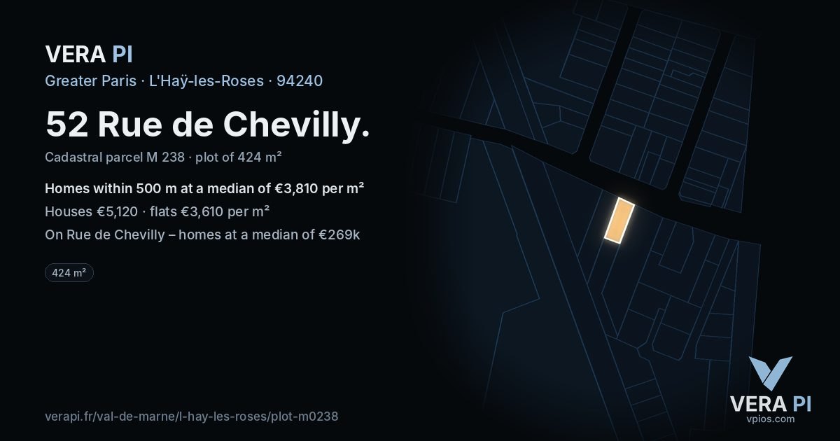 52 Rue de Chevilly, L'Haÿ-les-Roses at night – the plot lit, the parcels around coloured by the prices near them