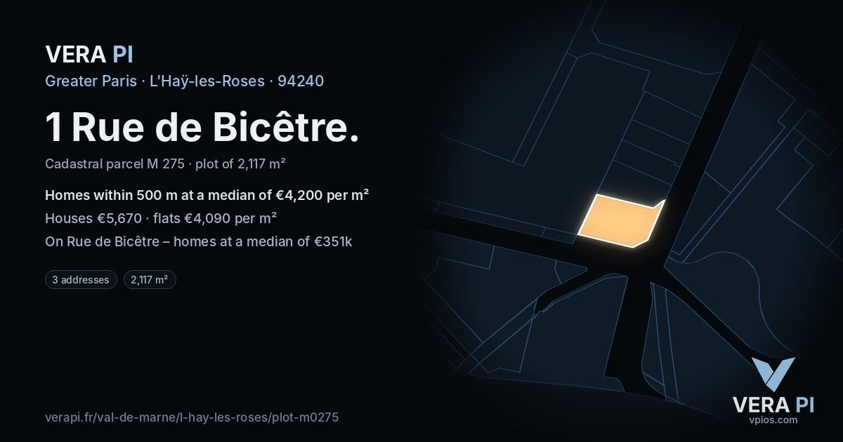 1 Rue de Bicêtre, L'Haÿ-les-Roses at night – the plot lit, the parcels around coloured by the prices near them