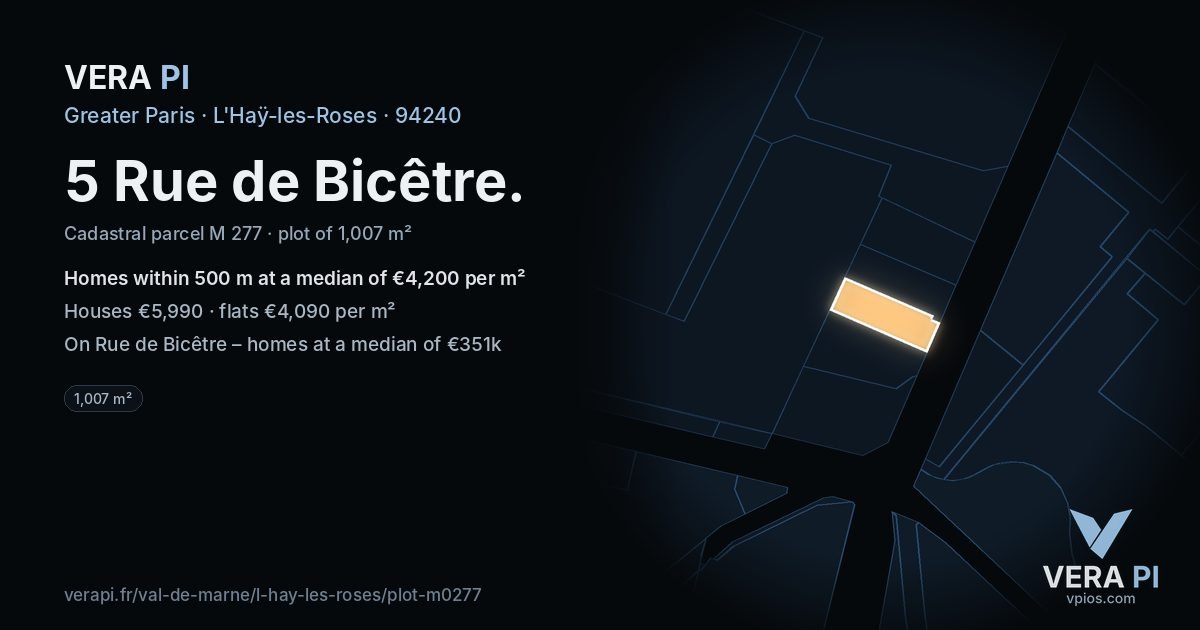 5 Rue de Bicêtre, L'Haÿ-les-Roses at night – the plot lit, the parcels around coloured by the prices near them