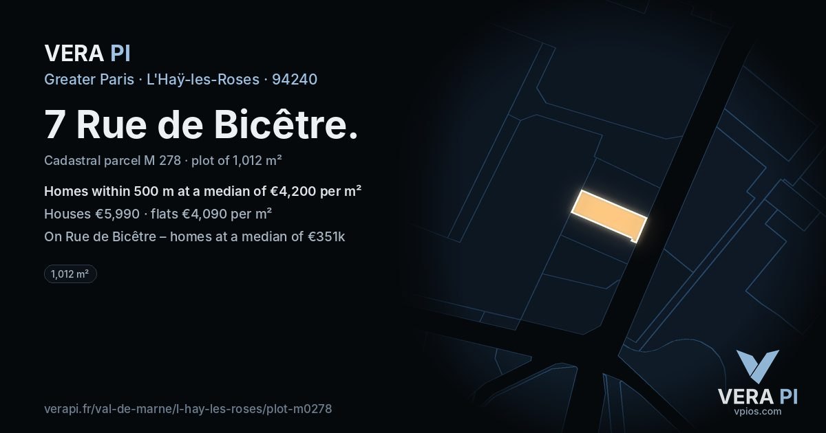7 Rue de Bicêtre, L'Haÿ-les-Roses at night – the plot lit, the parcels around coloured by the prices near them