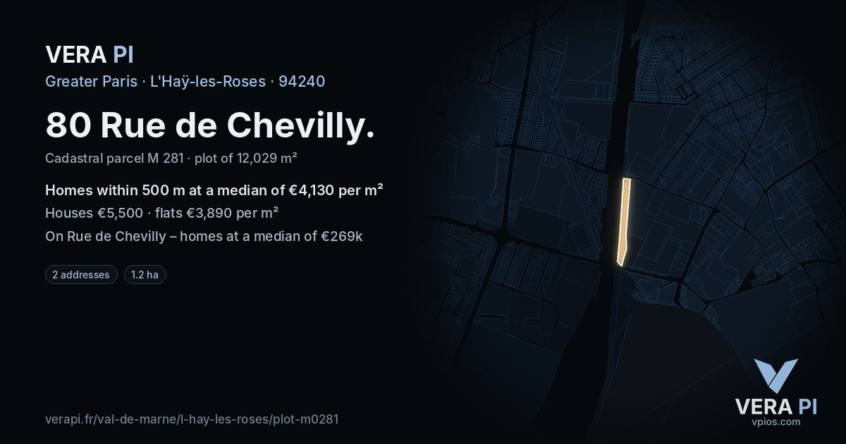 80 Rue de Chevilly, L'Haÿ-les-Roses at night – the plot lit, the parcels around coloured by the prices near them