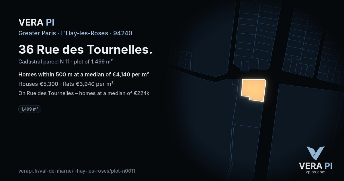 36 Rue des Tournelles, L'Haÿ-les-Roses at night – the plot lit, the parcels around coloured by the prices near them