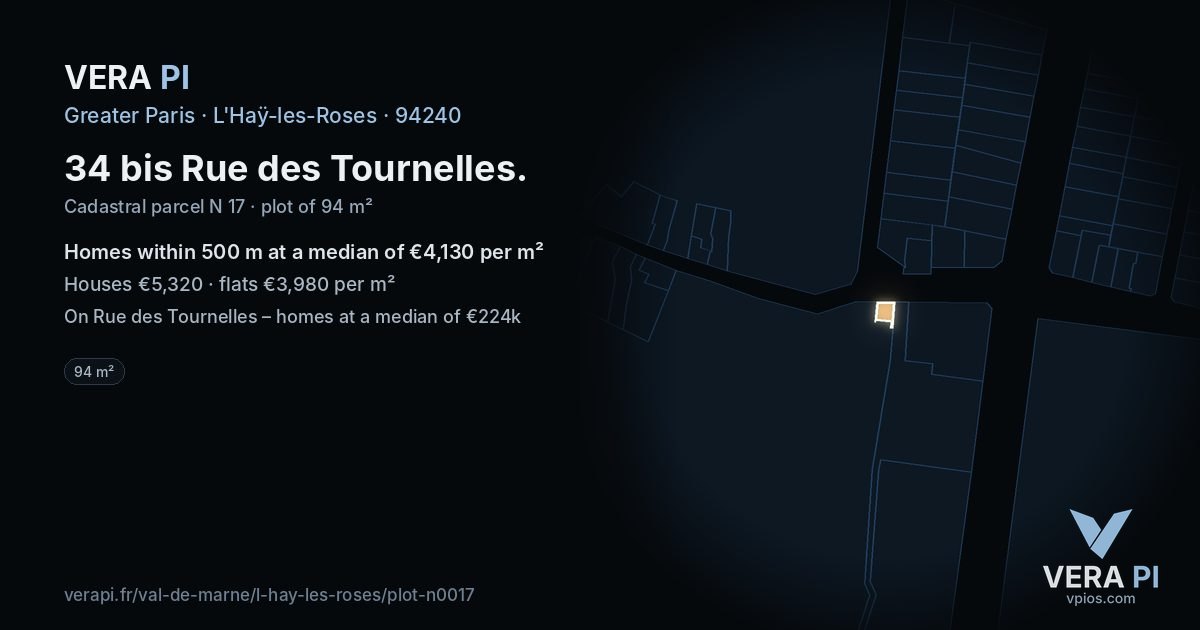 34 bis Rue des Tournelles, L'Haÿ-les-Roses at night – the plot lit, the parcels around coloured by the prices near them